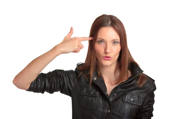 Mooie jonge vrouw die zelfmoord gebaar weergegeven: Rechtenvrije Stockfoto's