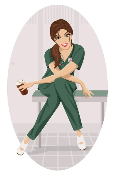 Enfermera con una taza de café . — Vector de stock