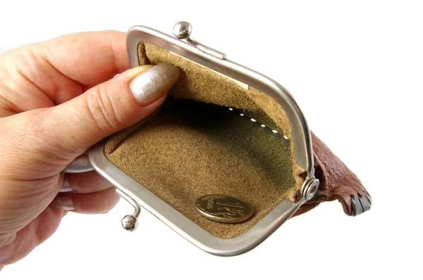 Purse and one rouble in a hand — Stock Photo, Image