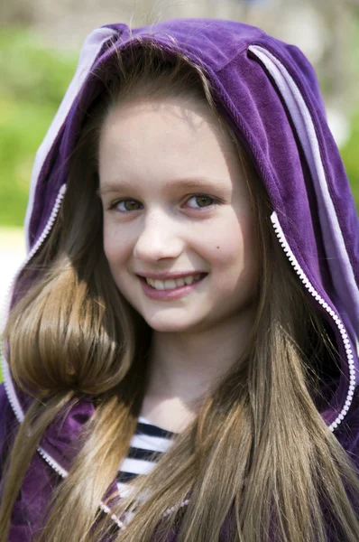 Girl in violet hood — Stock Photo, Image