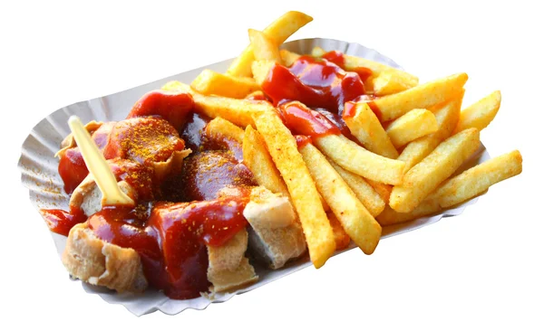 Currywurst și cartofi prăjiți francezi — Fotografie, imagine de stoc