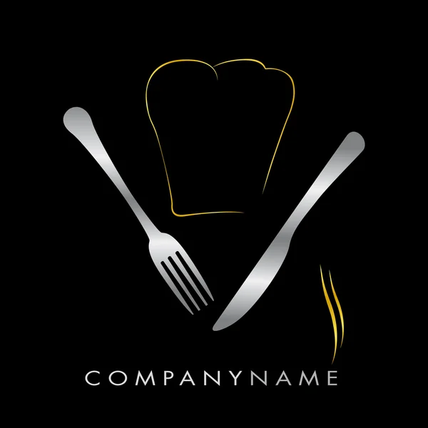 Logo restaurant - Toque or et couverts argent — Stock Vector