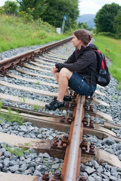 stock image Railway and woman hiker