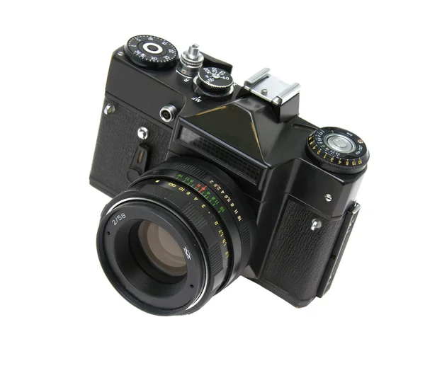 Oude analoge slr camera close-up op witte achtergrond — Stockfoto