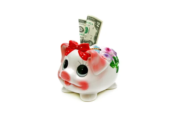 Piggy bank en bankbiljetten op een witte achtergrond — Stockfoto