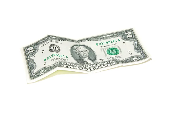 Bankovky dva dolary na bílém pozadí — Stock fotografie