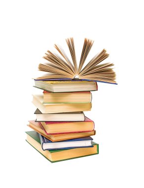 Open book on a pile of books isolated on a white background clipart