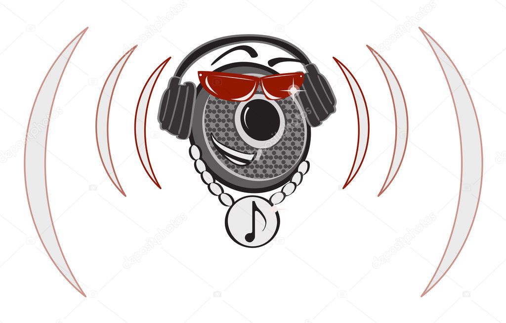 A red and black, speaker DJ with shades, headphones, bling, and sound waves. Great for music themed logos.