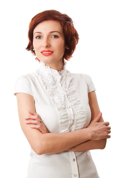 Beautiful woman on white background stares at you — Stock Photo, Image