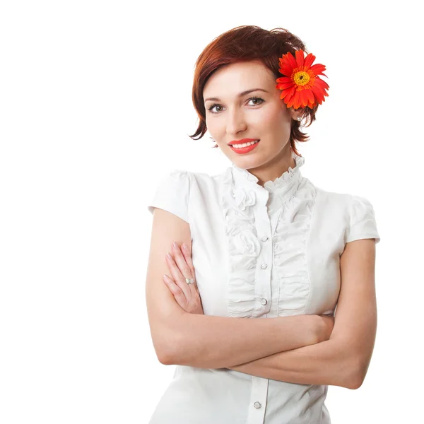 Beautiful woman with flower gerbera against white background — Stock Photo, Image