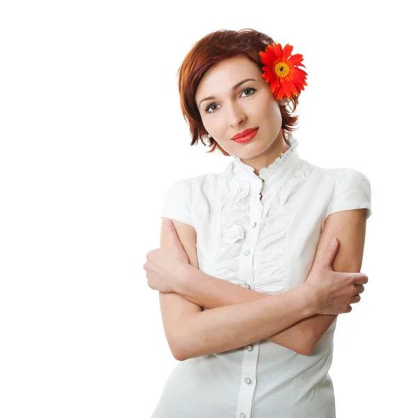 Beautiful woman with flower gerbera against white background — Stock Photo, Image