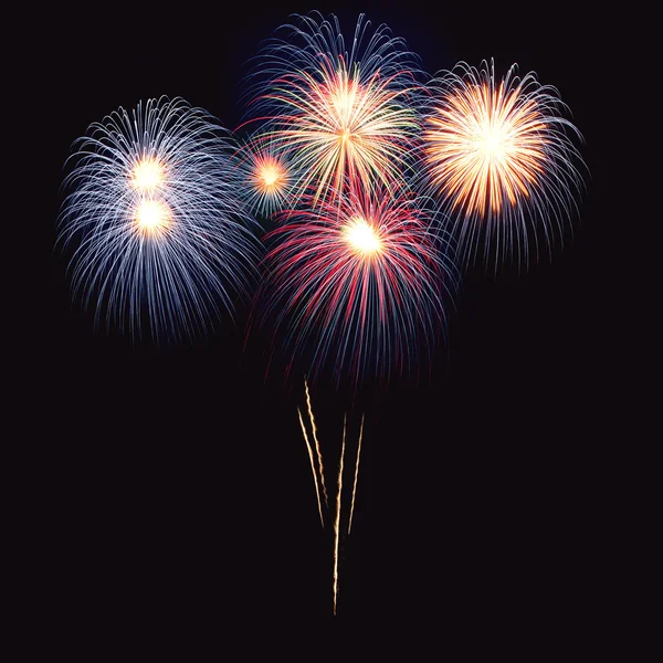 Helder kleurrijk vuurwerk aan de nachtelijke hemel — Stockfoto
