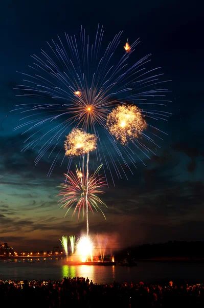 Helder kleurrijk vuurwerk aan de nachtelijke hemel — Stockfoto