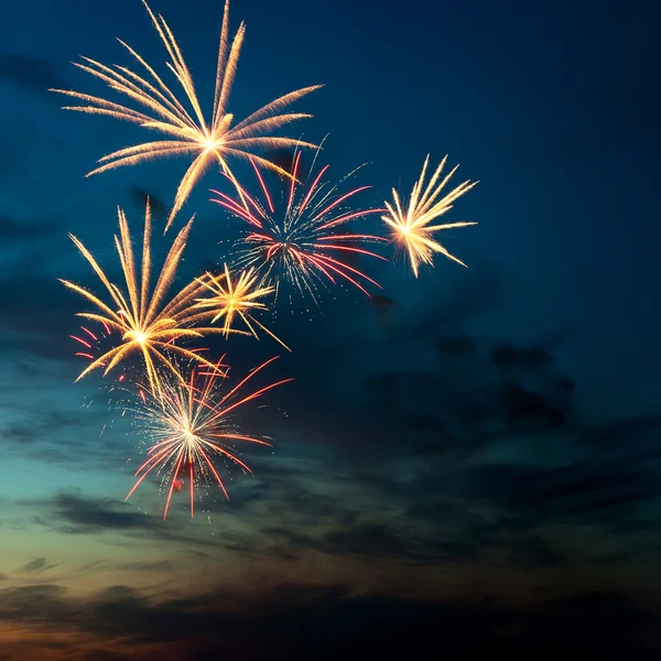 Helder kleurrijk vuurwerk aan de nachtelijke hemel Stockfoto