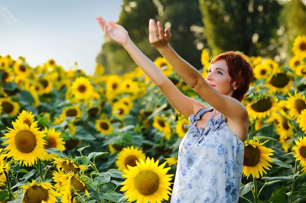 Žena na kvetoucí slunečnice pole — Stock fotografie
