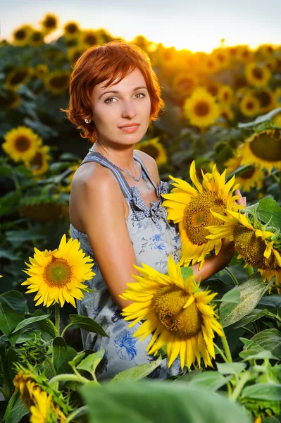Mujer en el campo de girasol en flor —  Fotos de Stock