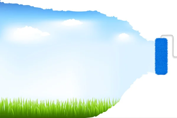 Hierba verde y cielo azul con rodillo de pintura — Archivo Imágenes Vectoriales