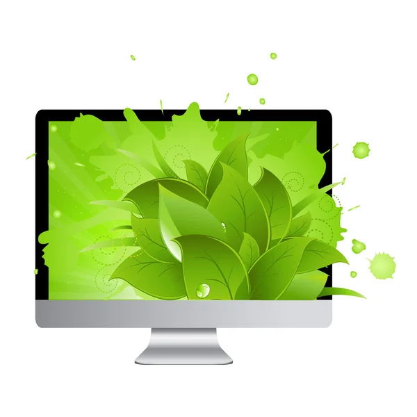Icona di monitor con foglie — Vettoriale Stock