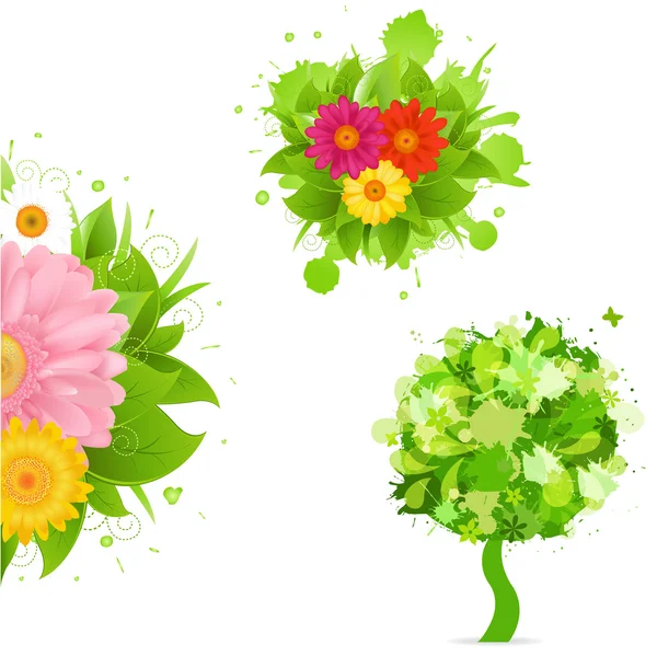 Abstract Flowers And Blot Set — Stock Vector