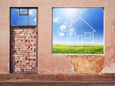 Wall with hole revealing home symbol on landscape clipart