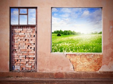 Wall with window and summer landscape clipart