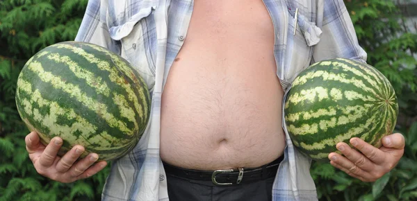 Twee water-meloenen in man's handen — Stockfoto