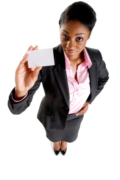 Business woman with business card — Zdjęcie stockowe