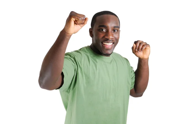 Ung student med armarna upp firar framgångar. — Stockfoto