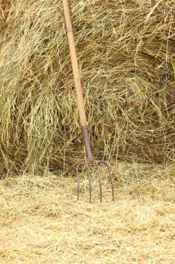 Pitchfork standing on a pile of straw clipart