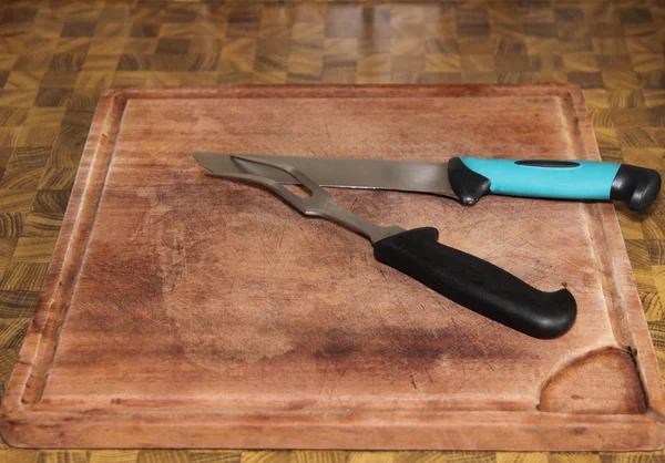 Vidlička a nůž prkénko — Stock fotografie