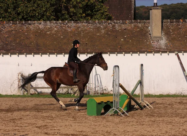 Paard en rider heeft een springen wedstrijd — Stockfoto