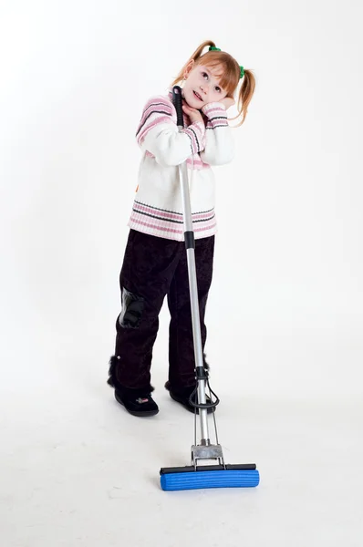 Little girl with mop — Stock Photo, Image