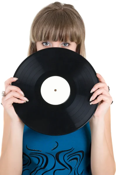 Девушка с виниловым диском — стоковое фото