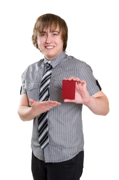 Man with blank card in hand — Stock Photo, Image