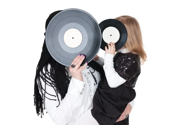 Girls with vinyl discs — Stock Photo, Image