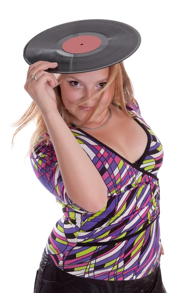 Girl with vinyl over head — Stock Photo, Image