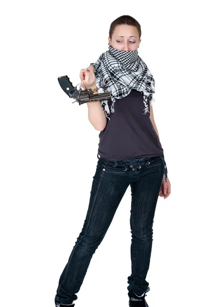 Girl with revolver — Stock Photo, Image