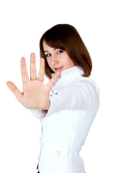 Women in white showing stop — Stock Photo, Image