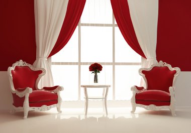 Modern armchairs by the window in royal interior clipart