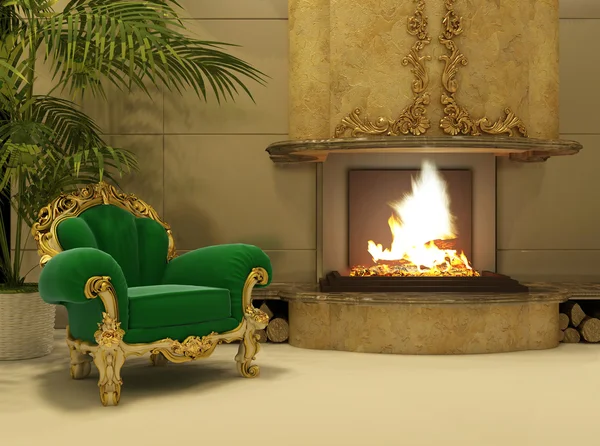 Royal armchair by fireplace in luxury interior — Stock Photo, Image