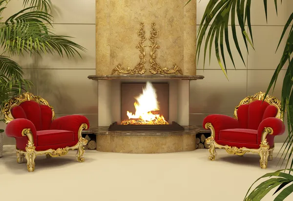 Baroque armchairs with fireplace in royal interior — Stock Photo, Image