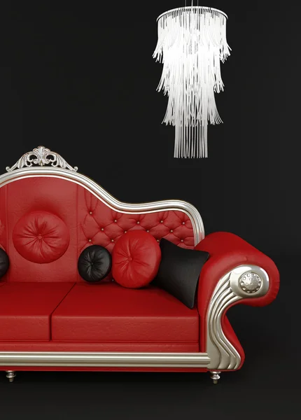Red leather sofa with chandelier — Stock Photo, Image