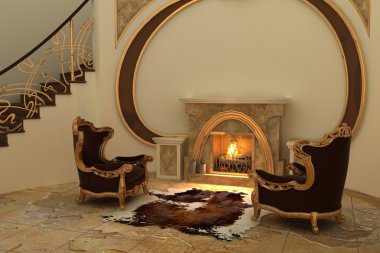 Armchairs by fireplace in modern interior clipart