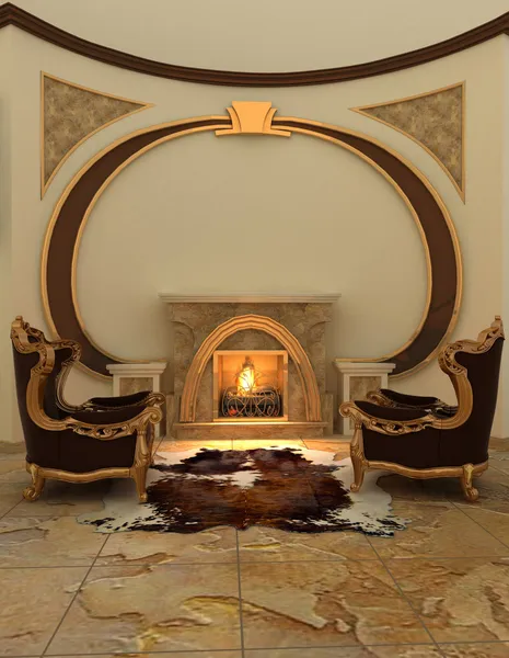 Armchairs near fireplace in modern interior. Warm — Stock Photo, Image
