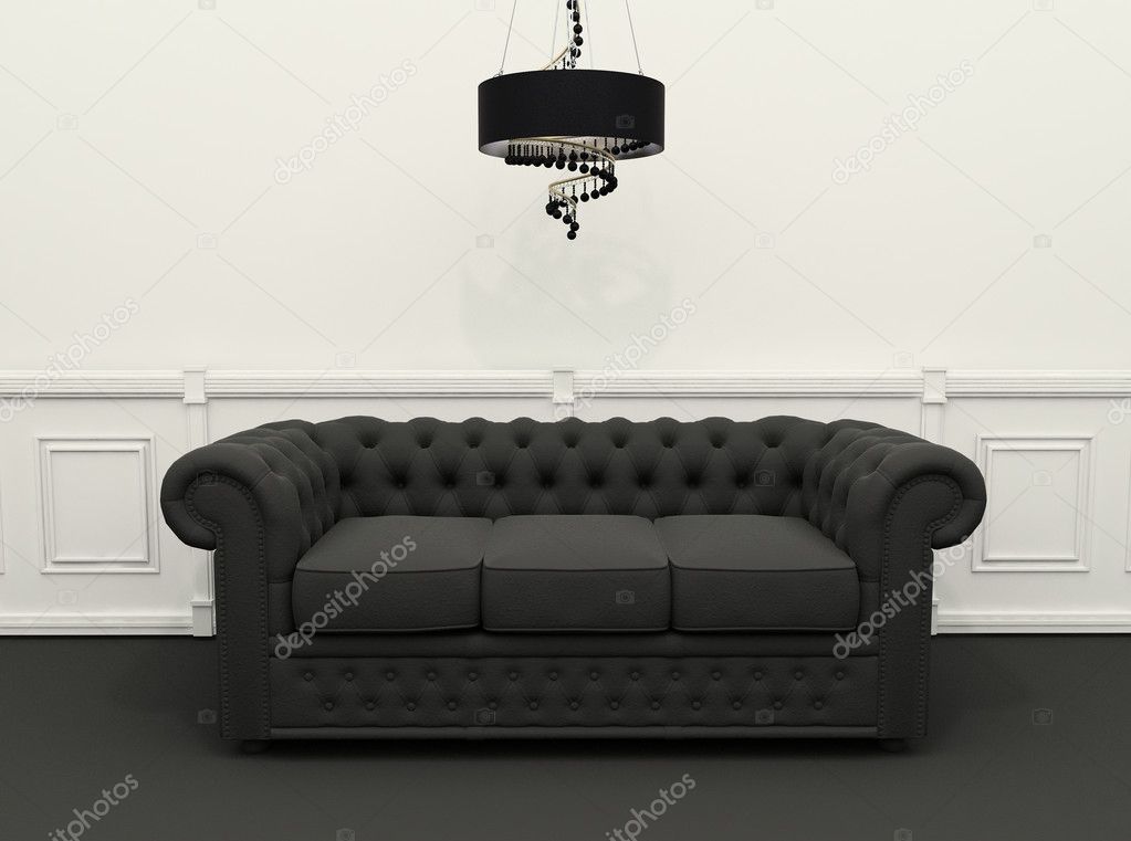 Sofa with chandelier in black and white classic interior