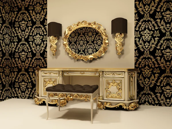 Mesa barroca com espelho sobre o fundo do papel de parede com ornamento — Fotografia de Stock