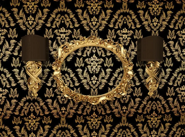 Luxury gold frame against wallpaper with an ornament — Stock Photo, Image