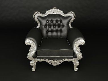 Luxurious black armchair with silver frame on the black background clipart