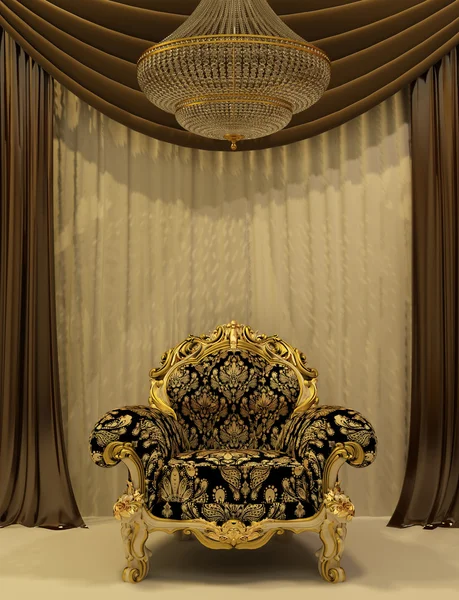 Królewski fotel z zasłony luksusowe wnętrza — Zdjęcie stockowe