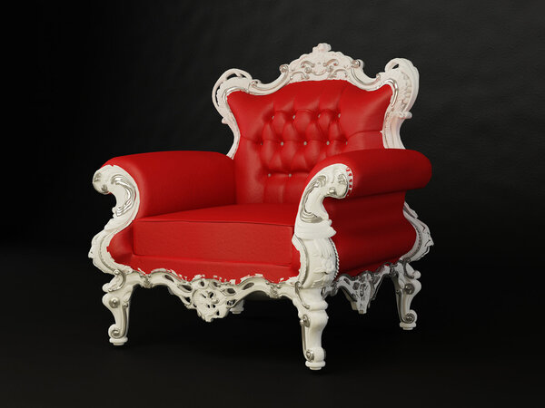 Royal red old stylish armchair with frame on the black background